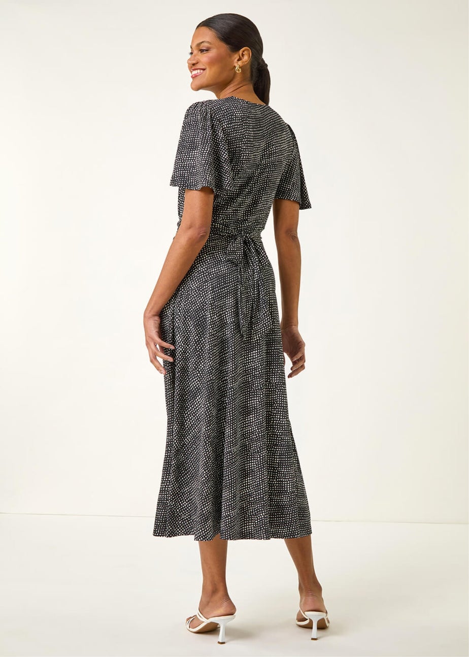 Roman Black Spot V-Neck Midi Wrap Dress