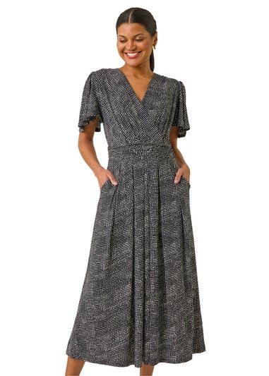 Roman Black Spot V-Neck Midi Wrap Dress