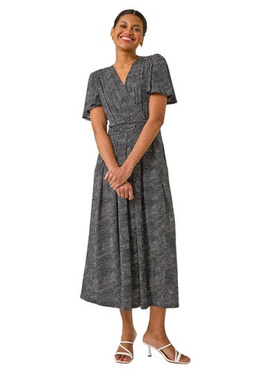 Roman Black Spot V-Neck Midi Wrap Dress