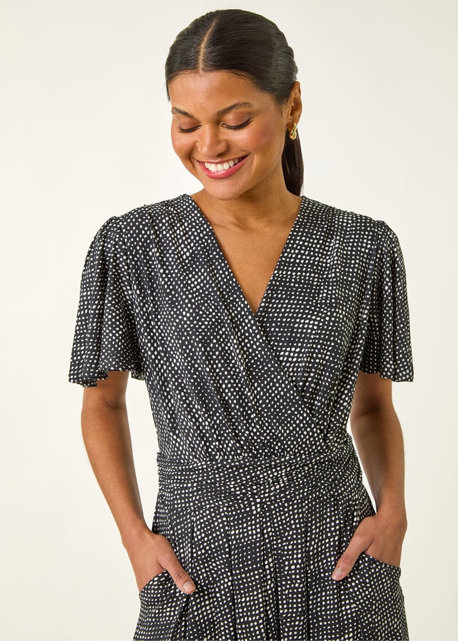 Roman Black Spot V-Neck Midi Wrap Dress