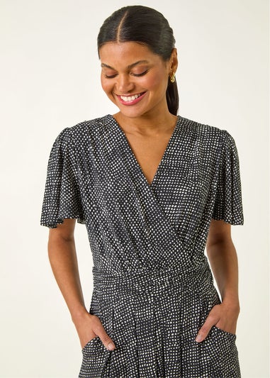 Roman Black Spot V-Neck Midi Wrap Dress
