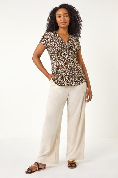 Roman Black Petite Animal Print Knot Stretch Top