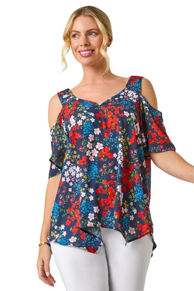 Roman Navy Petite Floral Cold Shoulder Top