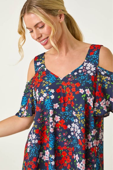 Roman Navy Petite Floral Cold Shoulder Top