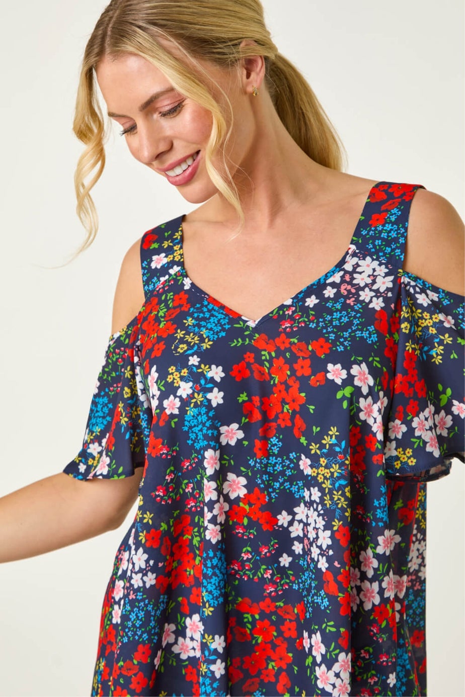 Roman Navy Petite Floral Cold Shoulder Top