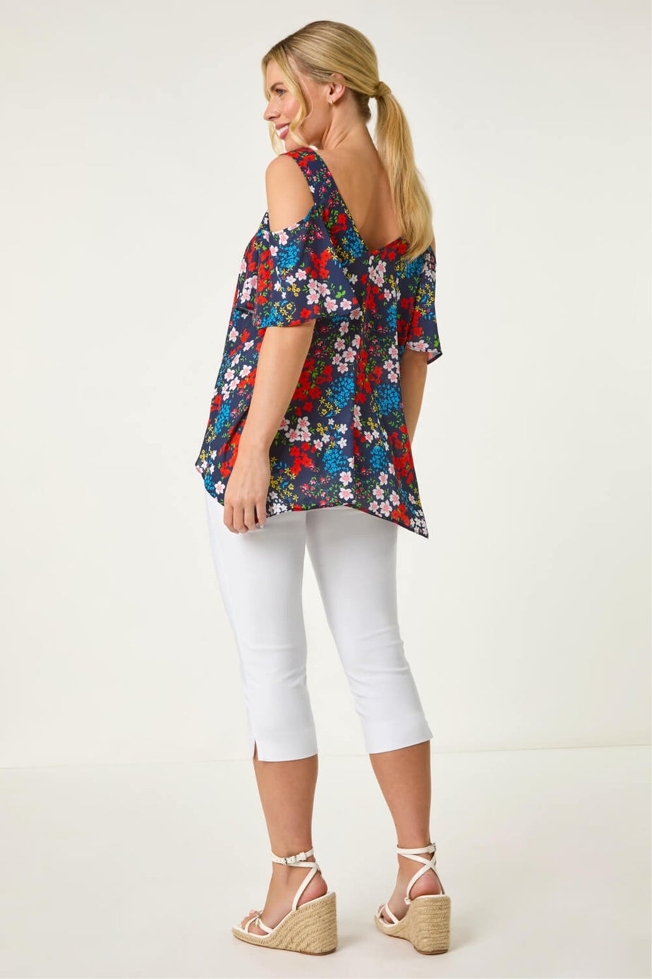 Roman Navy Petite Floral Cold Shoulder Top