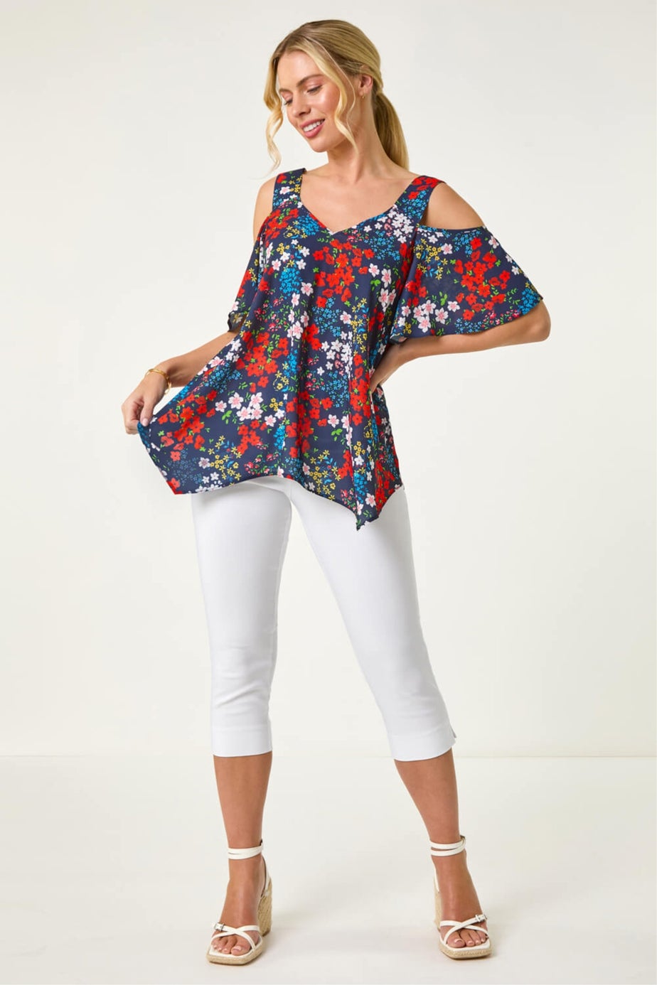 Roman Navy Petite Floral Cold Shoulder Top