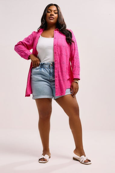 YOURS Curve Hot Pink Broderie Anglaise Long Sleeve Shirt