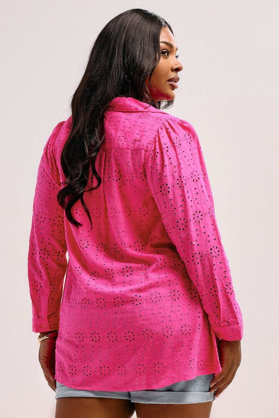 YOURS Curve Hot Pink Broderie Anglaise Long Sleeve Shirt