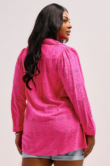 YOURS Curve Hot Pink Broderie Anglaise Long Sleeve Shirt