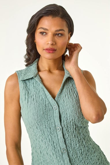 Roman Sage Textured Sleeveless Buttoned Blouse