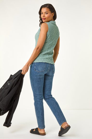 Roman Sage Textured Sleeveless Buttoned Blouse