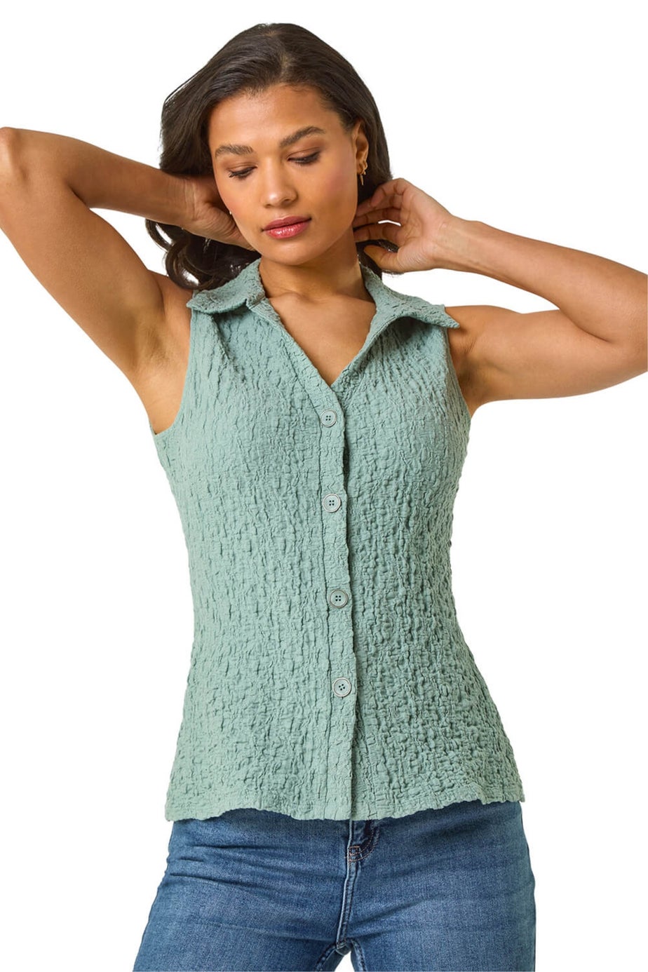 Roman Sage Textured Sleeveless Buttoned Blouse
