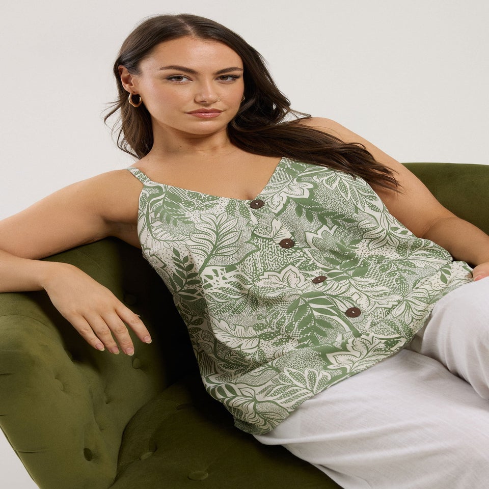 Yours Curve Green Tropical Leaf Print Button Front Cami Top