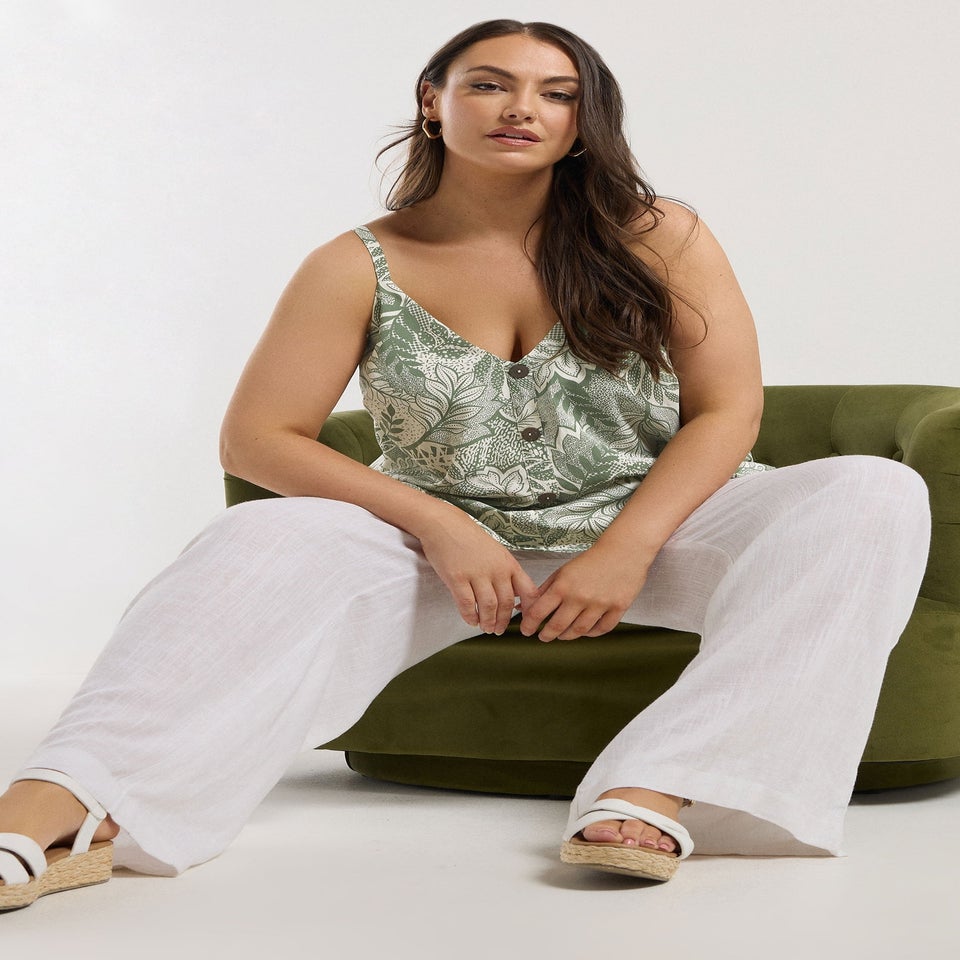 Yours Curve Green Tropical Leaf Print Button Front Cami Top