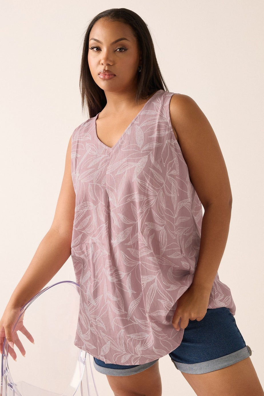 Yours Curve Pink Palm Leaf Pleat Front Vest Top