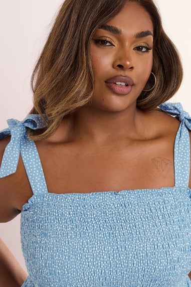 Yours Curve Blue Spot Shirred Tie Sleeve Cami Top