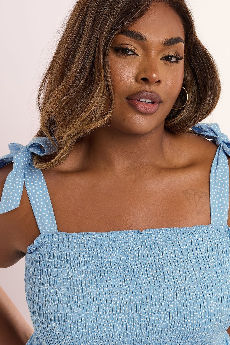 Yours Curve Blue Spot Shirred Tie Sleeve Cami Top