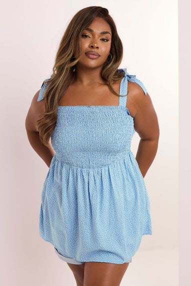 Yours Curve Blue Spot Shirred Tie Sleeve Cami Top