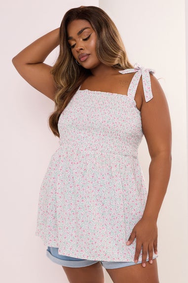 Yours Curve Pink Floral Shirred Tie Sleeve Cami Top