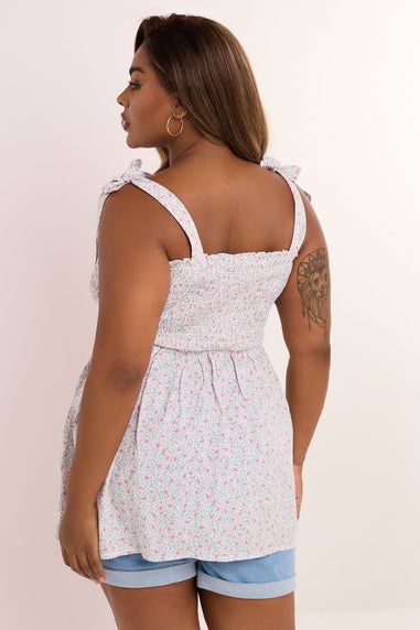 Yours Curve Pink Floral Shirred Tie Sleeve Cami Top