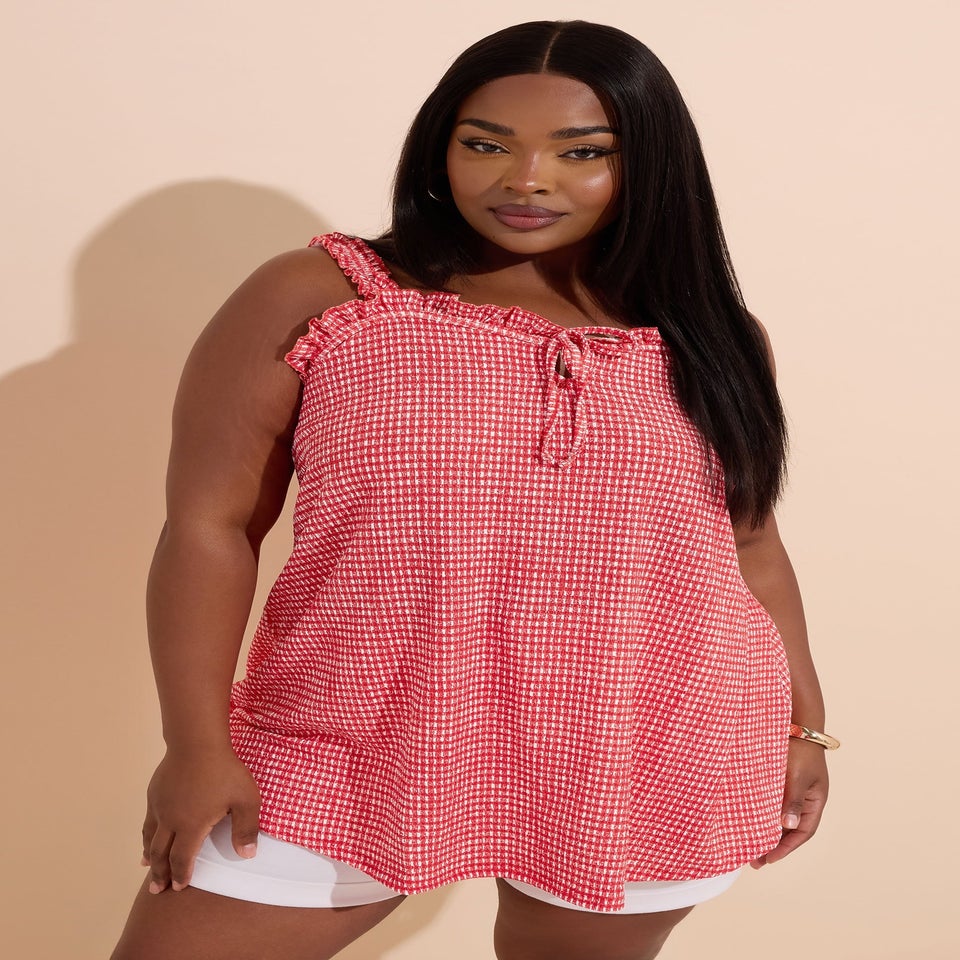 Yours Curve Red Gingham Tie Neck Frill Cami Top