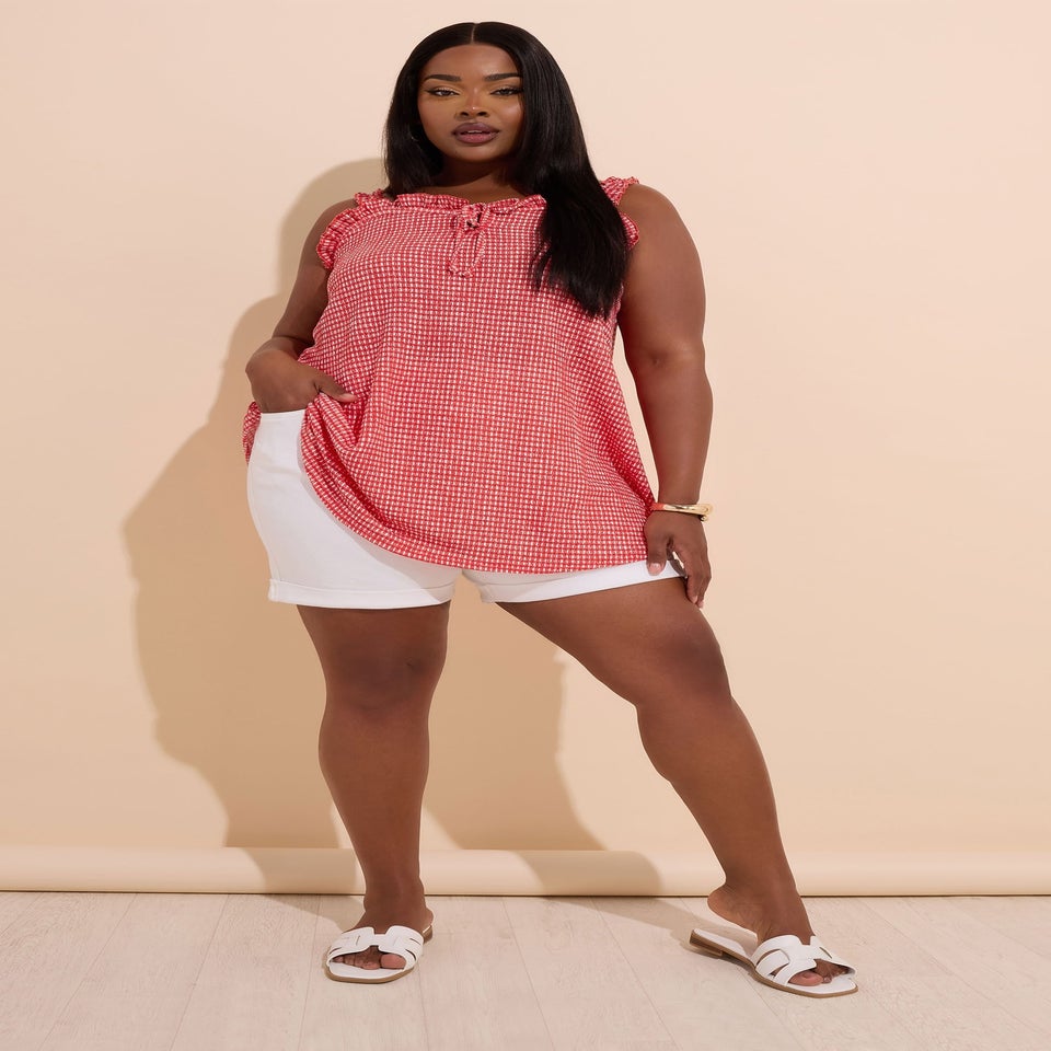 Yours Curve Red Gingham Tie Neck Frill Cami Top