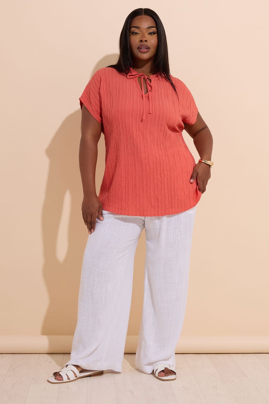 YOURS Curve Coral Orange Textured Frill Neck Top