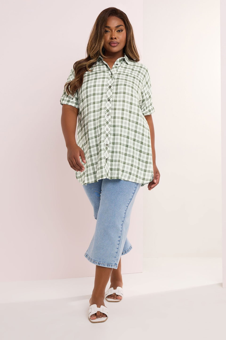YOURS Curve Green Metallic Check Print Shirt
