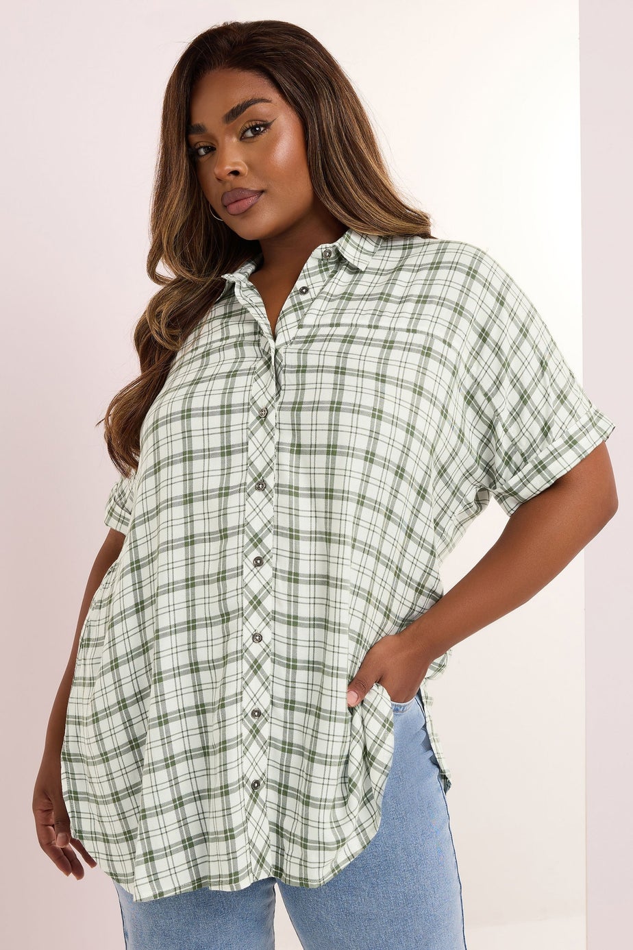 YOURS Curve Green Metallic Check Print Shirt