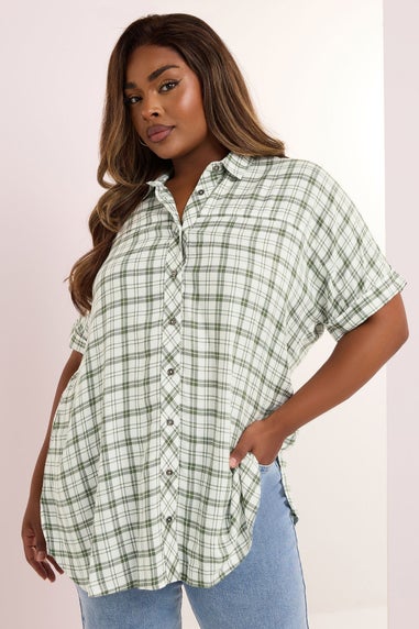 YOURS Curve Green Metallic Check Print Shirt