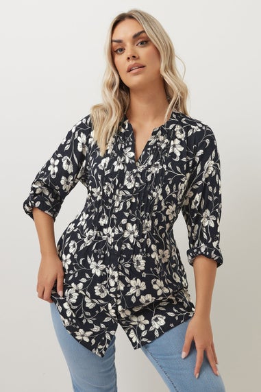 YOURS Curve Navy Blue Floral Pintuck Blouse
