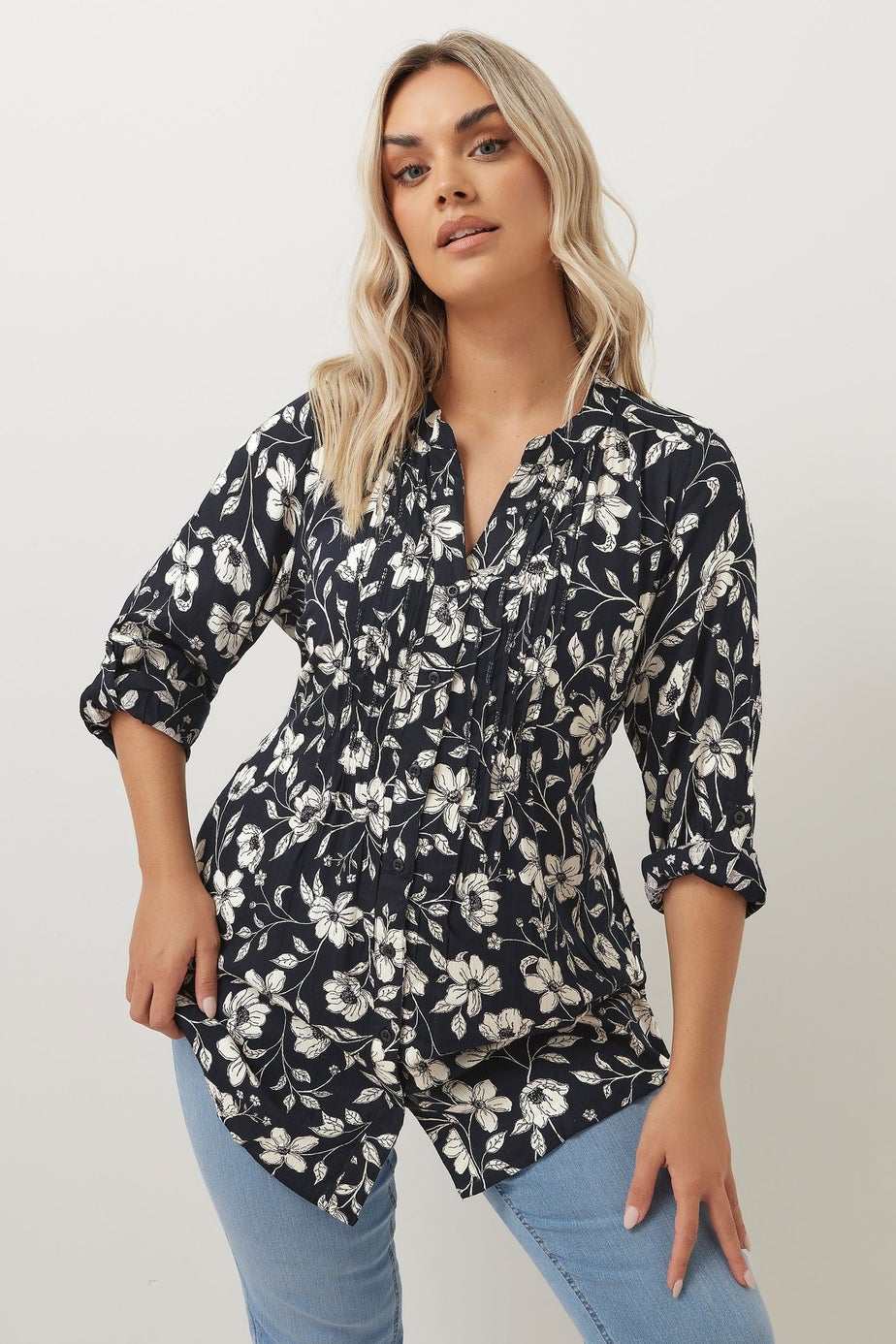 YOURS Curve Navy Blue Floral Pintuck Blouse