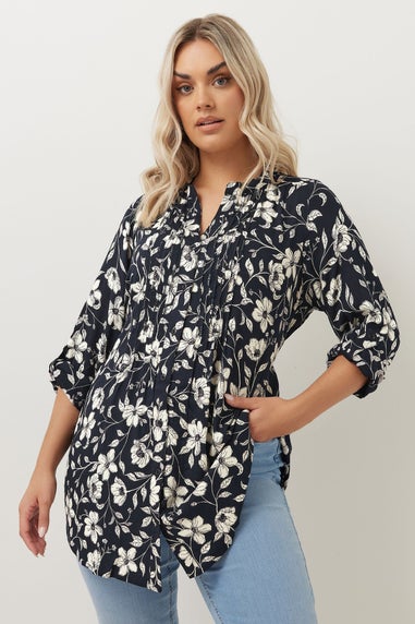 YOURS Curve Navy Blue Floral Pintuck Blouse