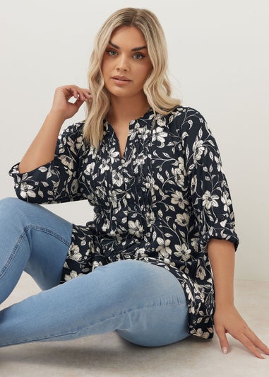 YOURS Curve Navy Blue Floral Pintuck Blouse
