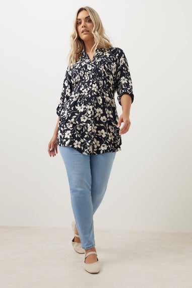 YOURS Curve Navy Blue Floral Pintuck Blouse