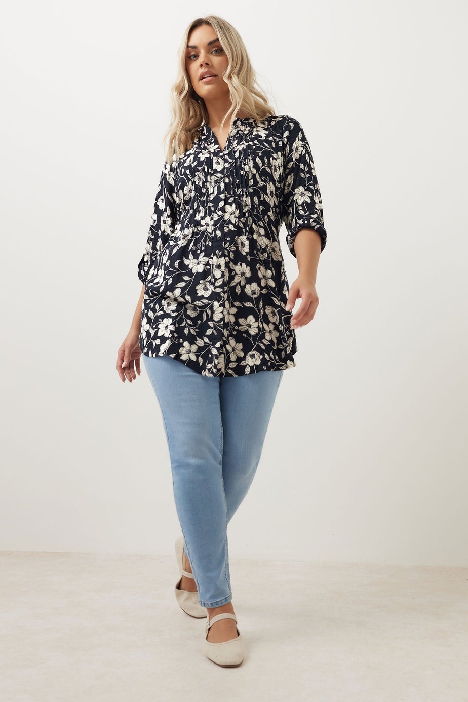 YOURS Curve Navy Blue Floral Pintuck Blouse