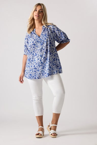 YOURS Curve Cobalt Blue Floral Frill Notch Neck Blouse