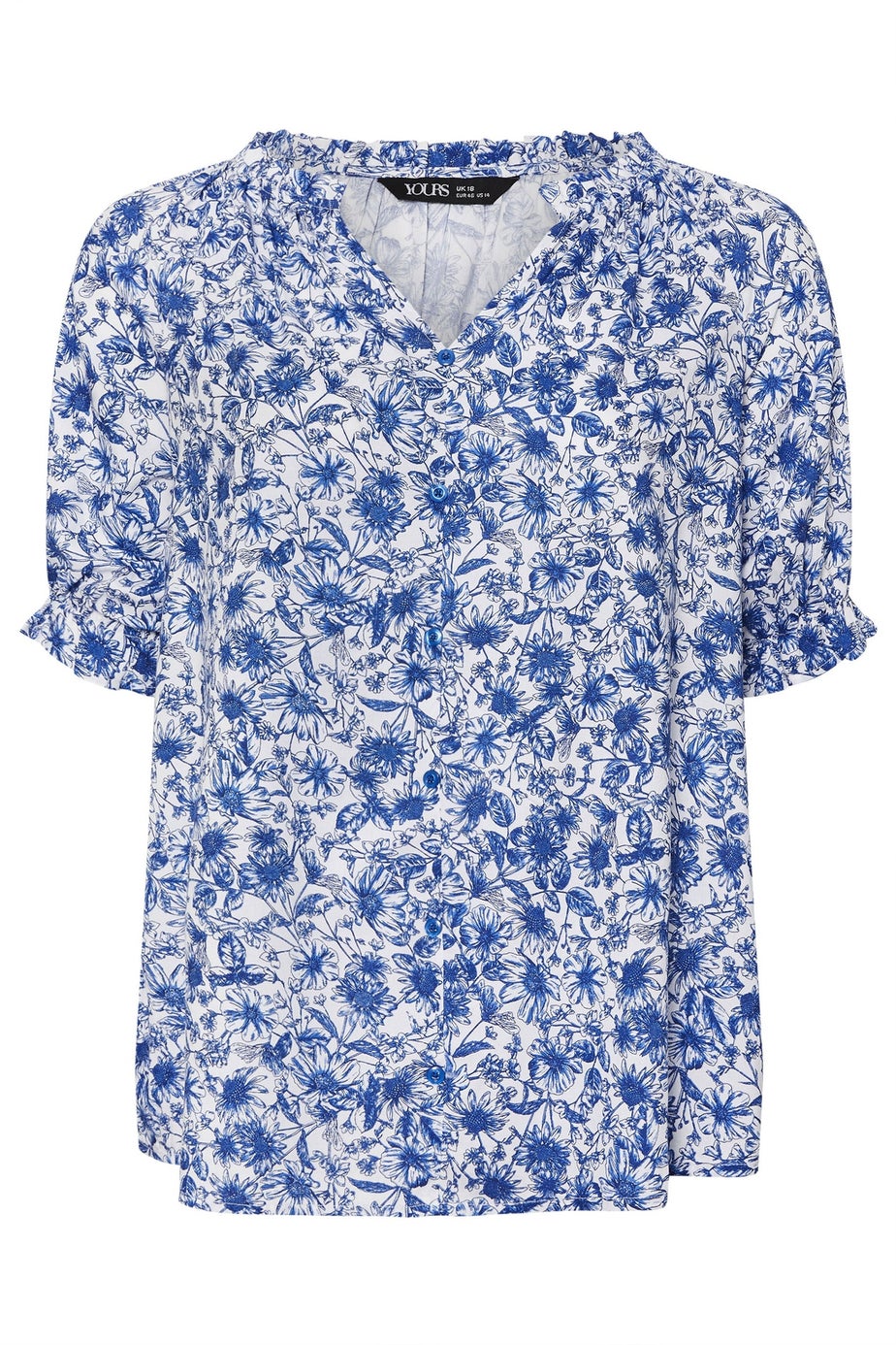 YOURS Curve Cobalt Blue Floral Frill Notch Neck Blouse