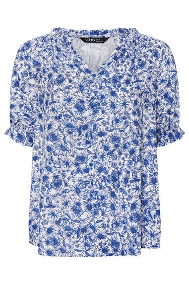 YOURS Curve Cobalt Blue Floral Frill Notch Neck Blouse