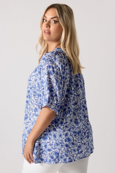YOURS Curve Cobalt Blue Floral Frill Notch Neck Blouse