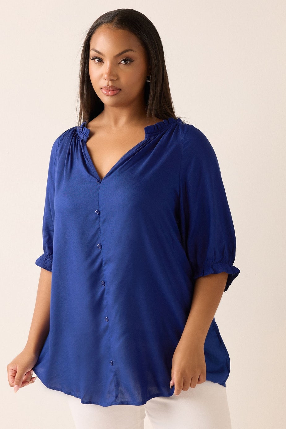 YOURS Curve Cobalt Blue Frill Notch Neck Blouse