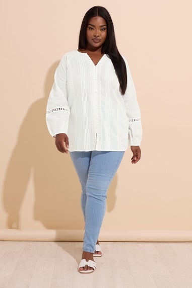 YOURS Curve White Crochet Trim Pleated Blouse