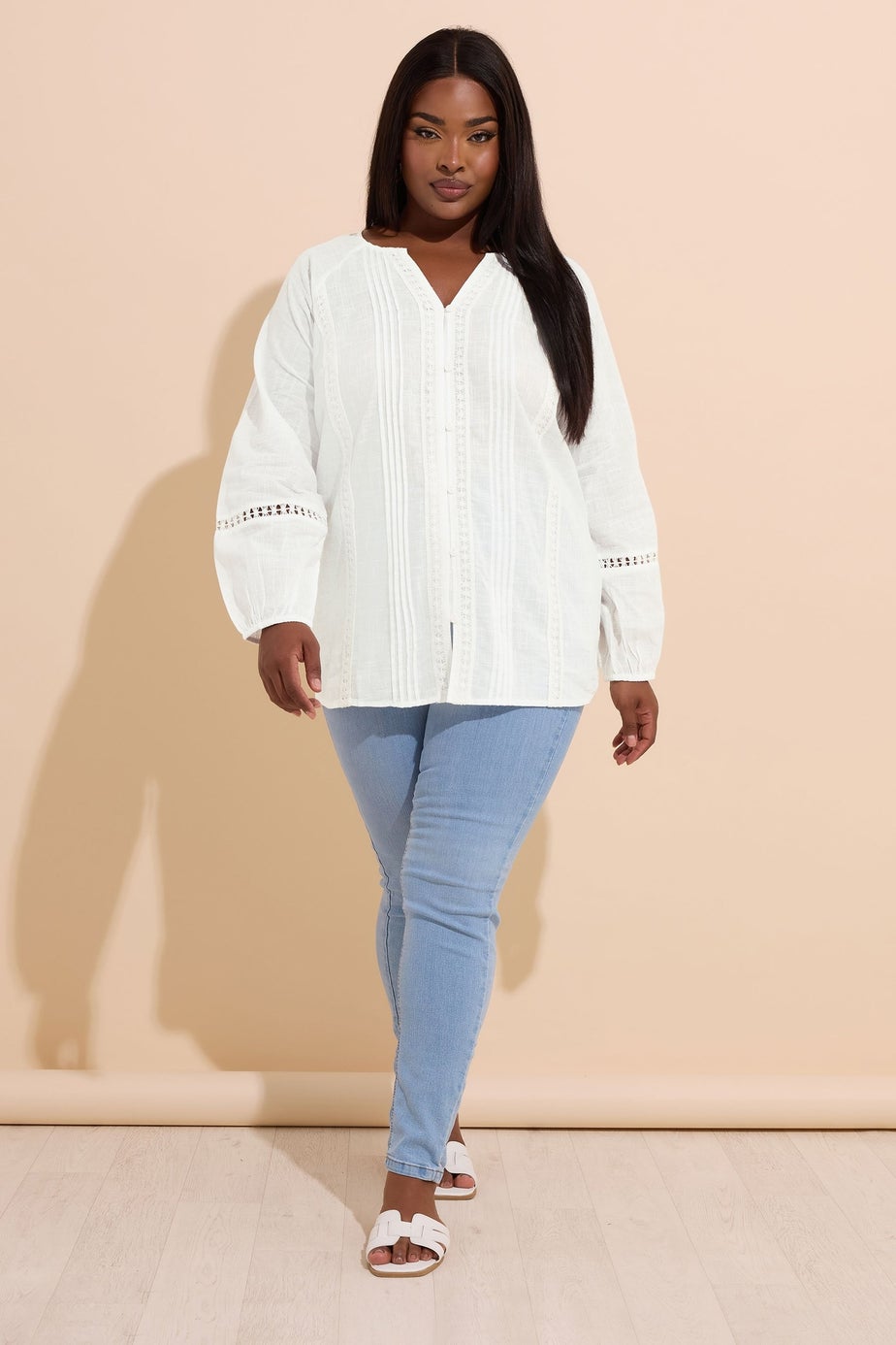 YOURS Curve White Crochet Trim Pleated Blouse