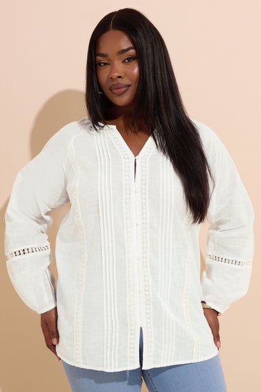 YOURS Curve White Crochet Trim Pleated Blouse