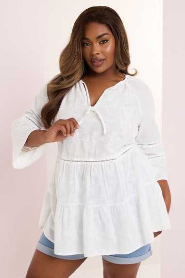 YOURS Curve White Embroidered Tie Front Smock Blouse