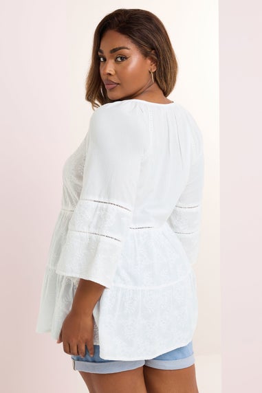 YOURS Curve White Embroidered Tie Front Smock Blouse