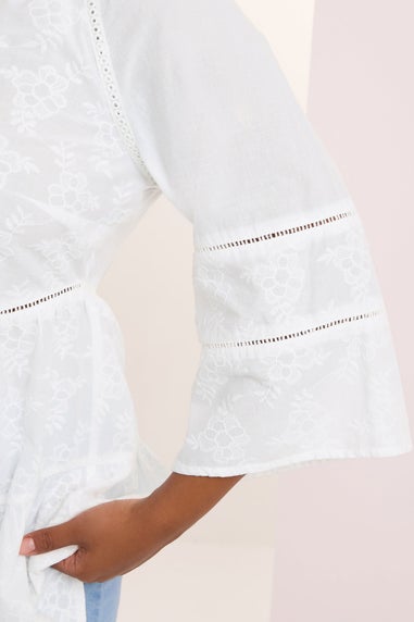 YOURS Curve White Embroidered Tie Front Smock Blouse