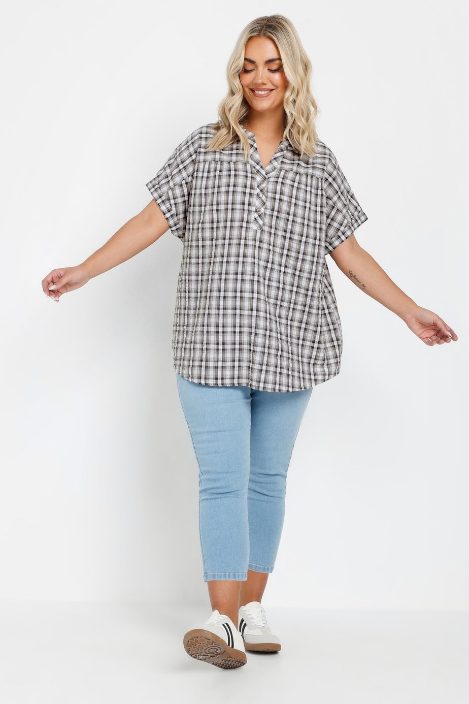 YOURS Curve Grey Check Print Textured Blouse