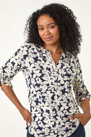 Roman Navy Petite Floral Print Button Through Shirt